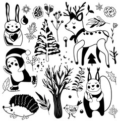 Black and white magic winter animals, cute penguin on skates, reindeer, funny squirrel, Christmas tree, hedgehog, leaves and flowers. Scandinavian animals. Perfect for greeting cards, poster, banner.