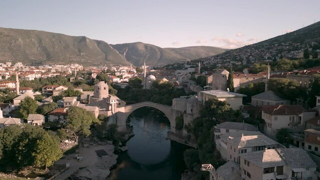 Aerial view of city of Mostar and Stari Most, from a drone
