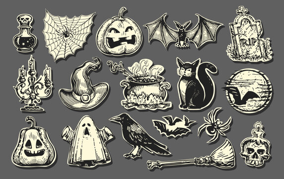 Halloween concept, collection of symbols or labels. Cute and scary retro badges set. Vintage sketch vector illustration