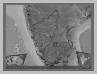 Karnataka, India. Grayscale. Labelled points of cities