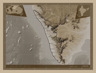 Kerala, India. Sepia. Labelled points of cities