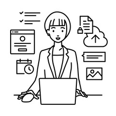 デスクで座ってPCでプロジェクトやタスクの管理の仕事をしているスーツの女性