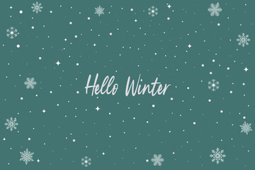 Bright colorful background with white snowflakes and Hello winter lettering.