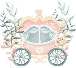 Watercolor fairy tale element of princess story - princess carriage, isolated illustration for baby shower girl clipart, birthday clipart © nastyasklyarova