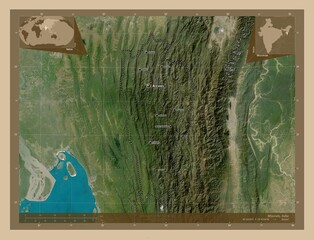 Mizoram, India. Low-res satellite. Labelled points of cities