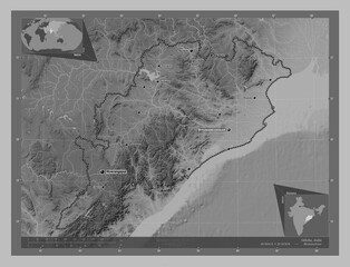 Odisha, India. Grayscale. Labelled points of cities