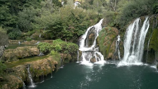 Waterfall in the forest in Bosnia from a drone, Martin Brod