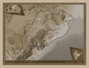 Odisha, India. Sepia. Labelled points of cities