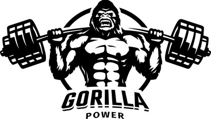 Gorilla with a barbell . Bodybuilding and fitness logo. Vector illustration.