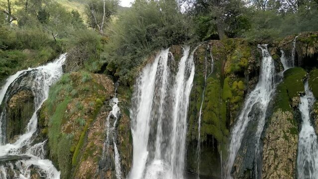 Waterfall in the forest in Martin Brod, Bosnia Drone footage