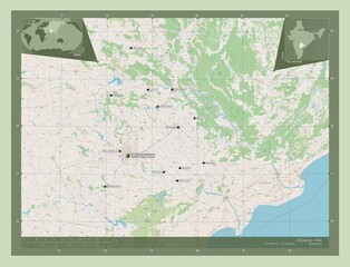 Telangana, India. OSM. Labelled points of cities