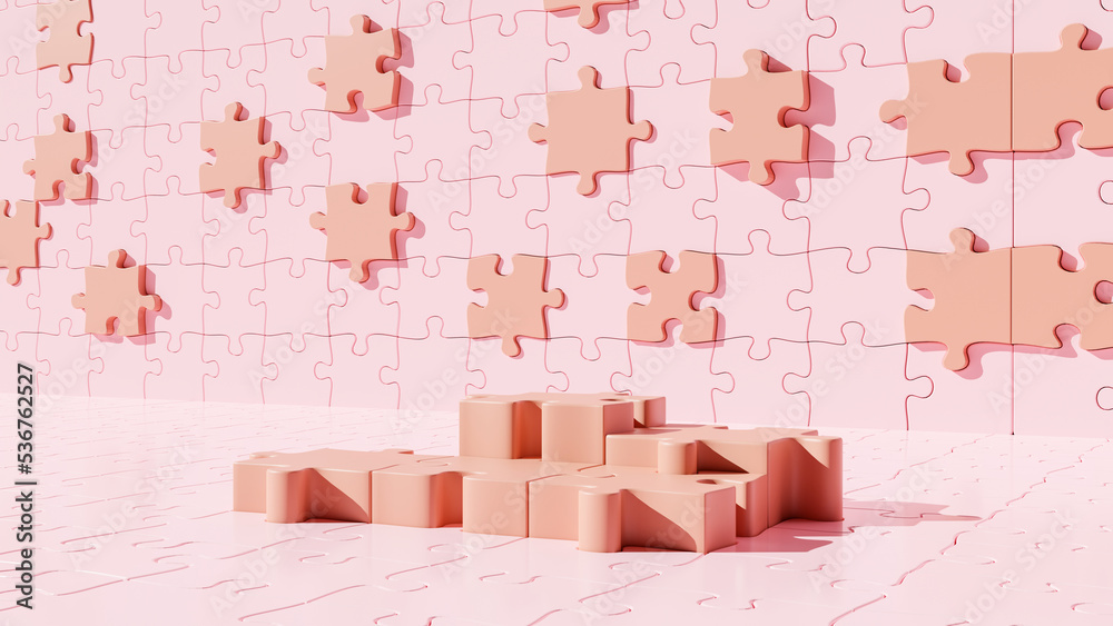 Poster 3d rendering. Abstract jigsaw background. Pink podium minimalist mock up scene. Cute Display Stand