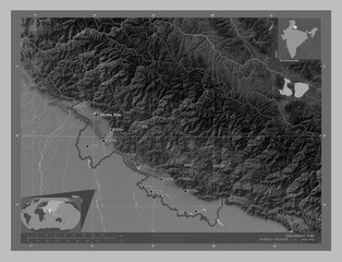 Uttarakhand, India. Grayscale. Labelled points of cities