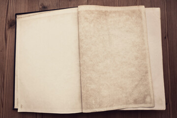 Open old book with blank stained pages