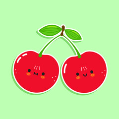 Cute funny cherry waving hand character. Vector hand drawn cartoon kawaii character illustration icon. Isolated on white background. Cherry character concept
