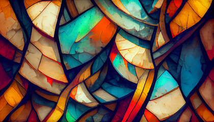 Colorful stained glass window. Abstract stained-glass background. Art Nouveau decoration for interior. Vintage pattern. - obrazy, fototapety, plakaty