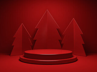 Blank red christmas stage podium pedestal or blank product display stand platform isolated on dark red background with shadow minimal conceptual 3D rendering