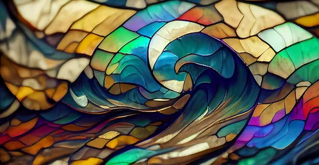 Poster Coloré ocean waves. Colorful stained glass window. Abstract stained-glass background. Art Nouveau decoration for interior. Vintage pattern.