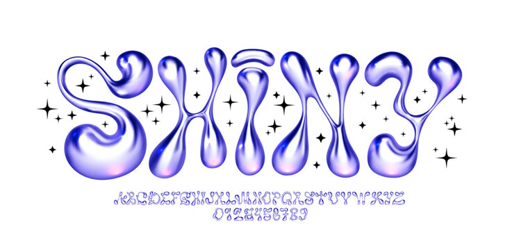 Metallic y2k font. Liquid bubble iron alphabet with melted letters and funky numbers. Glossy 3D flux type face vector set