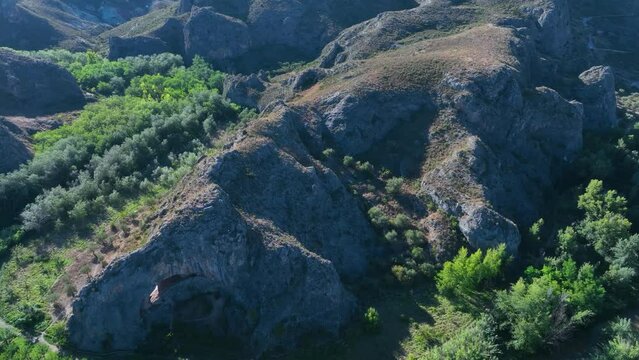 Jalon River Canyon. Aerial view from a drone in the surroundings of the town of Chodes. Valdejalón region. Saragossa. Aragon. Spain. Europe