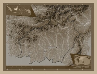 Kalimantan Tengah, Indonesia. Sepia. Labelled points of cities