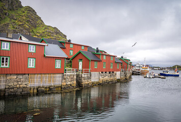 Houses on Vestfjorden at Stamsund, Lofoten Islands, Nordland, Norway
