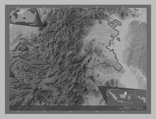 Kalimantan Utara, Indonesia. Grayscale. Labelled points of cities
