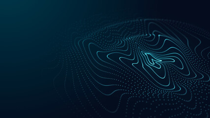 Futuristic dark background. The wave effect of digital particles. Big data. Illustration of technologies and artificial intelligence. The effect of particle oscillation. 3D rendering.