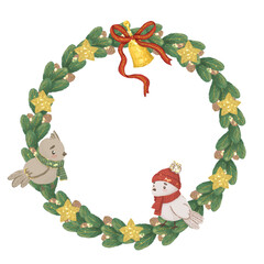 Christmas shine wreath with cute bird, gold sparcle stars. Cute Christmas cartoon decor. Greeting card design.