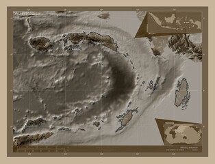 Maluku, Indonesia. Sepia. Labelled points of cities