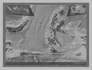 Maluku Utara, Indonesia. Grayscale. Labelled points of cities