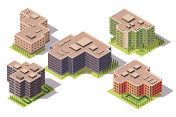 Collection isometric offices. Town apartment building. Architectural  3d illustrations. Infographic elements. City house compositions