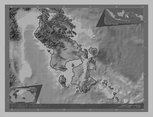 Sulawesi Tenggara, Indonesia. Grayscale. Labelled points of cities