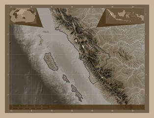 Sumatera Barat, Indonesia. Sepia. Major cities