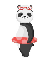 Panda bear standing with swimming circle in swimming goggles and pose for photo. Cute big panda character. Asian wildlife cartoon animal. Adorable jungle wild mammal