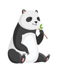 Panda bear sits and eating bamboo. Cute big panda character. Asian wildlife cartoon animal. Adorable jungle wild mammal