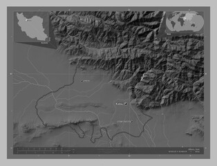 Alborz, Iran. Grayscale. Labelled points of cities