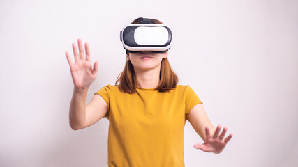 Asian woman wear VR glasses For seeing in the virtual world, virtual vision technology