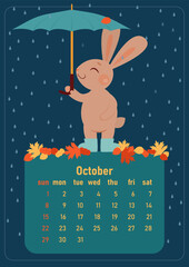 Calendar 2023 for october. Year of the rabbit, symbol of the new year. The week starts on Sunday. A cute rabbit stands in rubber boots with an umbrella in the autumn rain. autumn fallen leaves