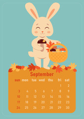 Calendar 2023 for september. Year of the rabbit, symbol of the new year. The week starts on Sunday. Cute rabbit picks mushrooms in the autumn forest. Autumn fallen leaves.