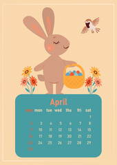 Calendar 2023 for April. Year of the rabbit, symbol of the new year. The week starts on Sunday. A cute rabbit smiles and holds a basket of Easter eggs in its paw.