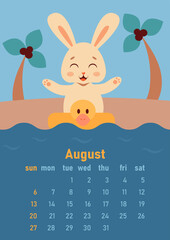 Calendar 2023 for August. Year of the rabbit, symbol of the new year. The week starts on Sunday. A cute rabbit in an inflatable circle in the form of a duck rejoices and swims in the sea or ocean near