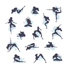 Vector icon set of female silhouette yoga poses and asanas. Flat and simple style design of different poses such as lotus, dog, cobra, pigeon, dancer, boat, triangle, warrior.