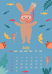 Calendar 2023 for July. Year of the rabbit, symbol of the new year. The week starts on Sunday. A cute rabbit in a diving mask swims underwater with fish.