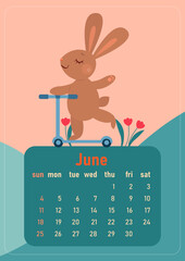 Calendar 2023 for June. Year of the rabbit, symbol of the new year. The week starts on Sunday. Cute rabbit smiles and rides a scooter in the summer meadow