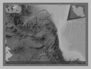 Ardebil, Iran. Grayscale. Labelled points of cities