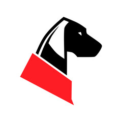 Dog wearing red bandana in profile portrait symbol on white backdrop. Design element	