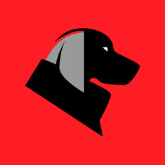 Dog wearing bandana in profile portrait symbol on red backdrop. Design element	