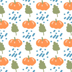Cute hand-drawn pattern with pumpkins and leaves. Pattern for textiles, fabrics, wallpaper, packaging, wrapping paper.