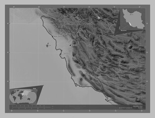 Bushehr, Iran. Grayscale. Labelled points of cities